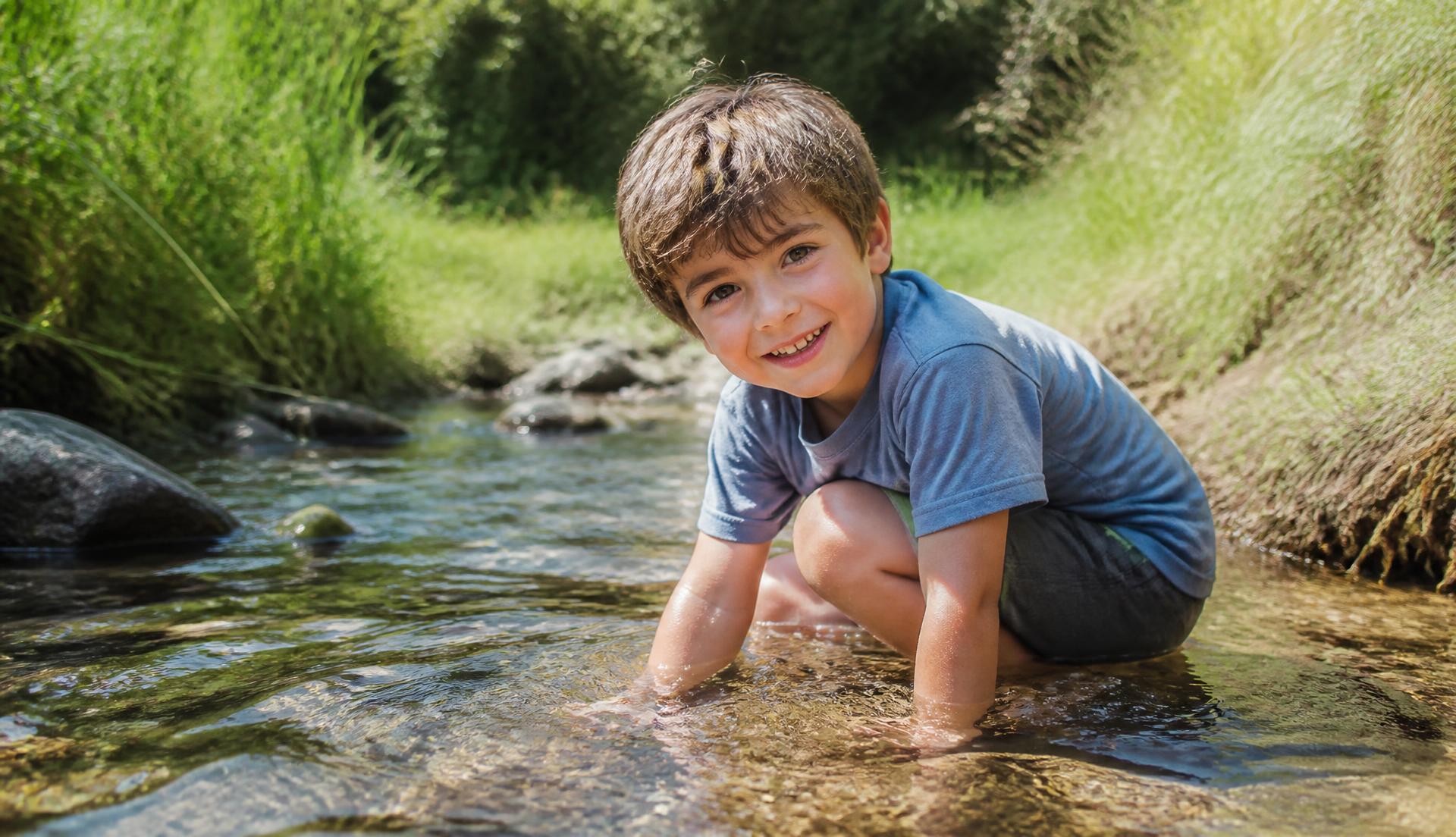 A child crouching in a sunlit shallow stream with hands in the clear water