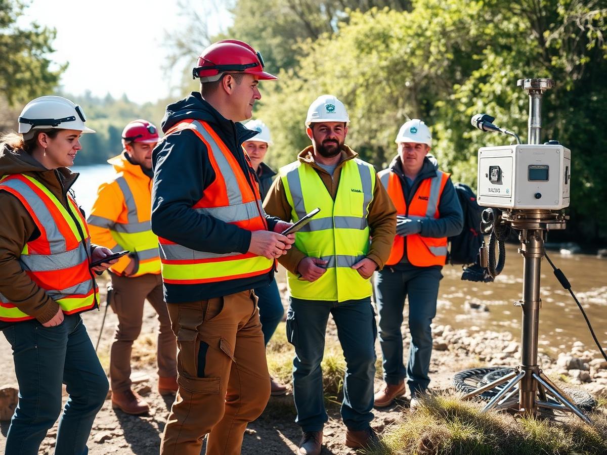 Engineers examining water infrastructure beside a reservoir