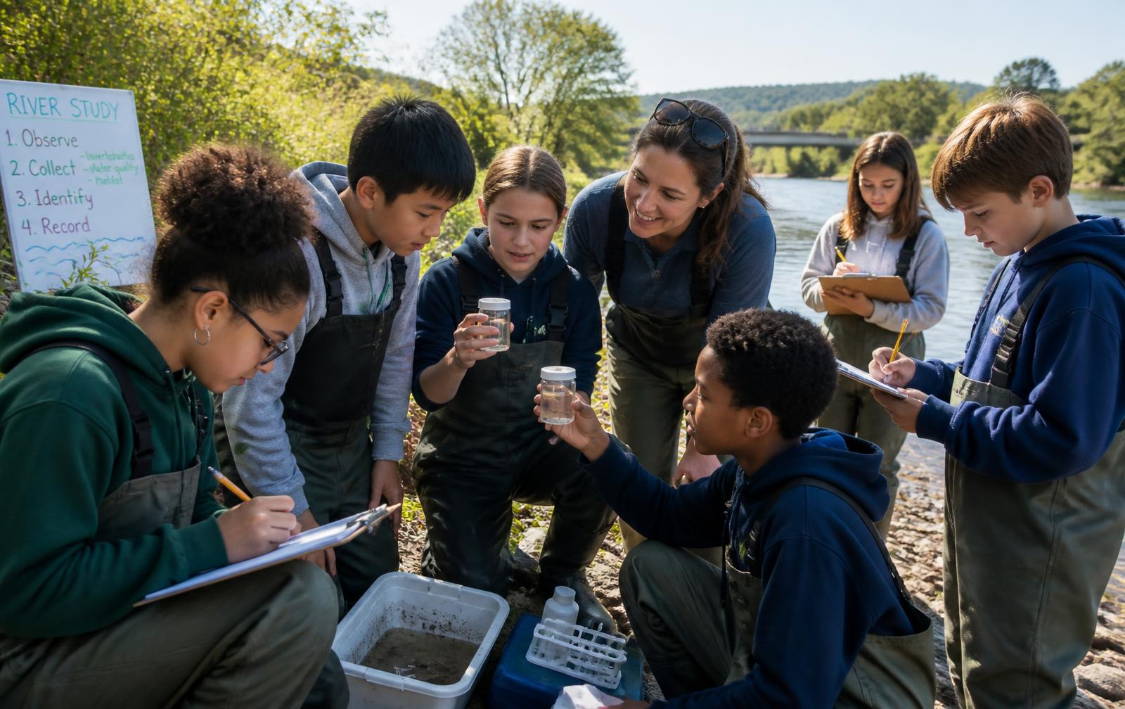 School students and their teacher testing river water samples on a sunlit riverbank