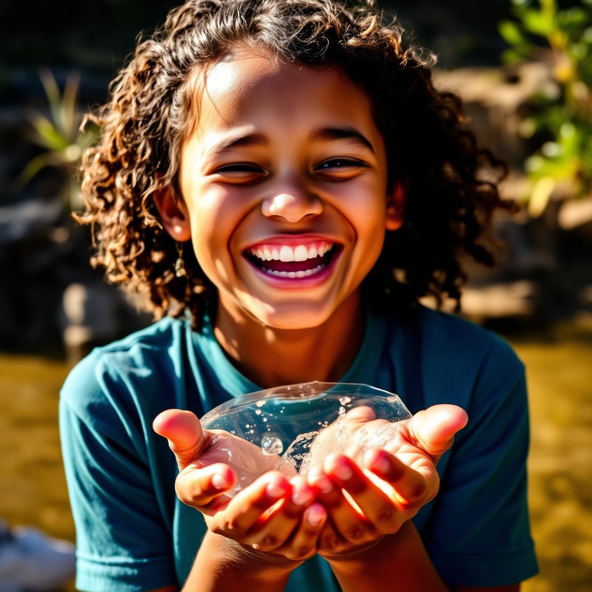 A young person laughing while holding clear water cupped in their hands