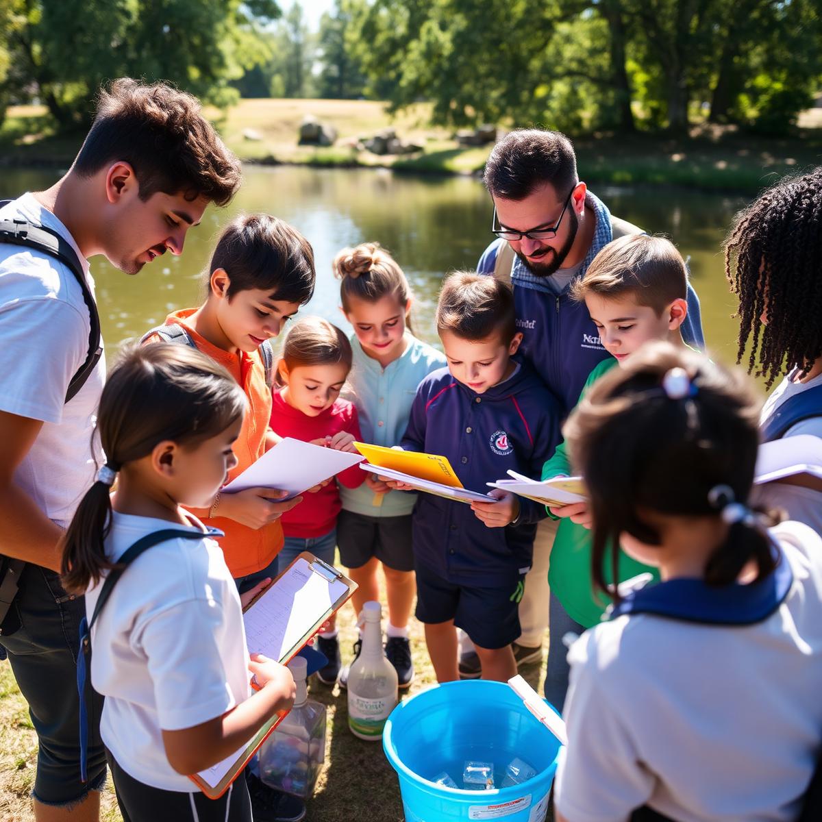 School students and their teacher gathered around water testing equipment beside a lake