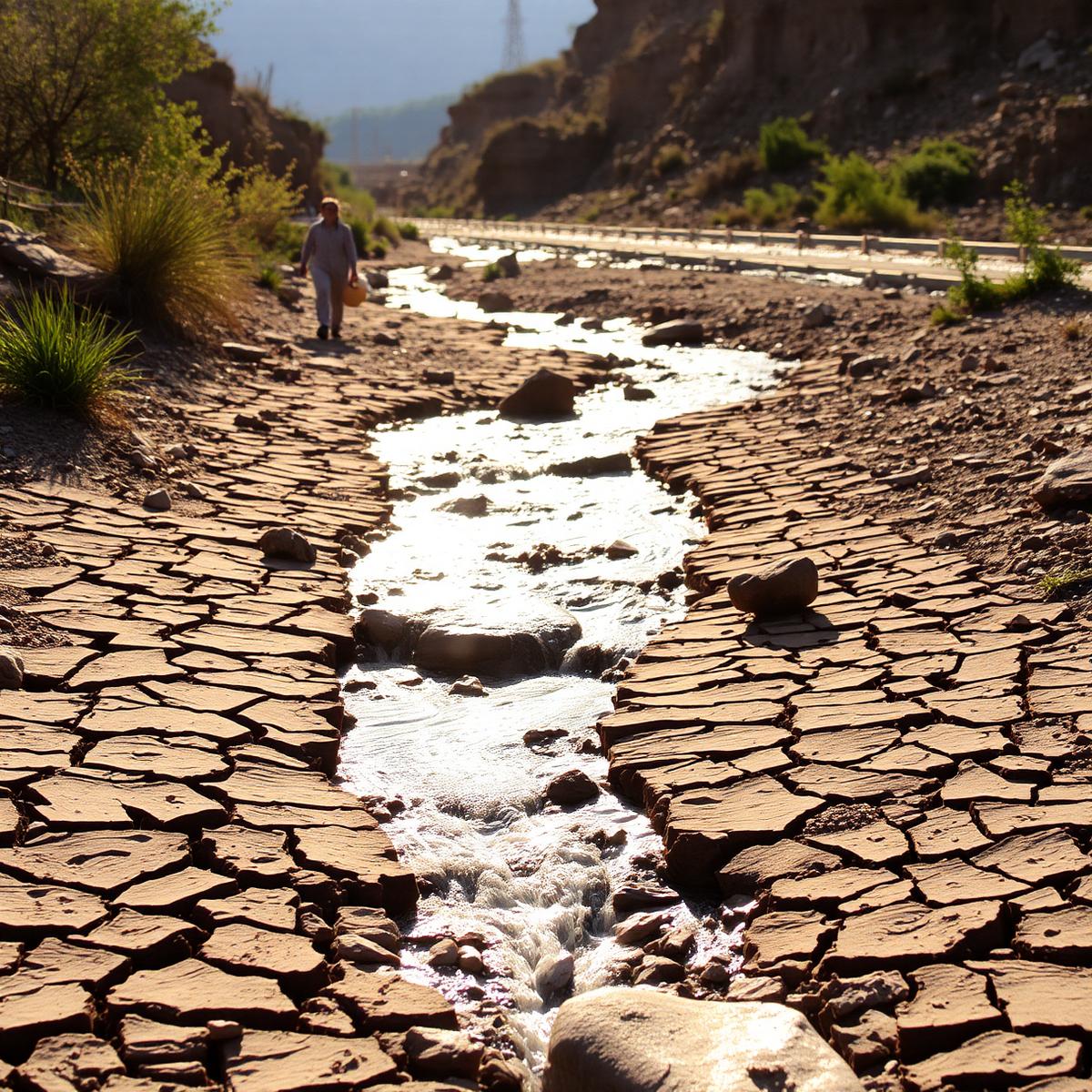 A dwindling stream running through a cracked, dry riverbed with a person carrying water in the distance