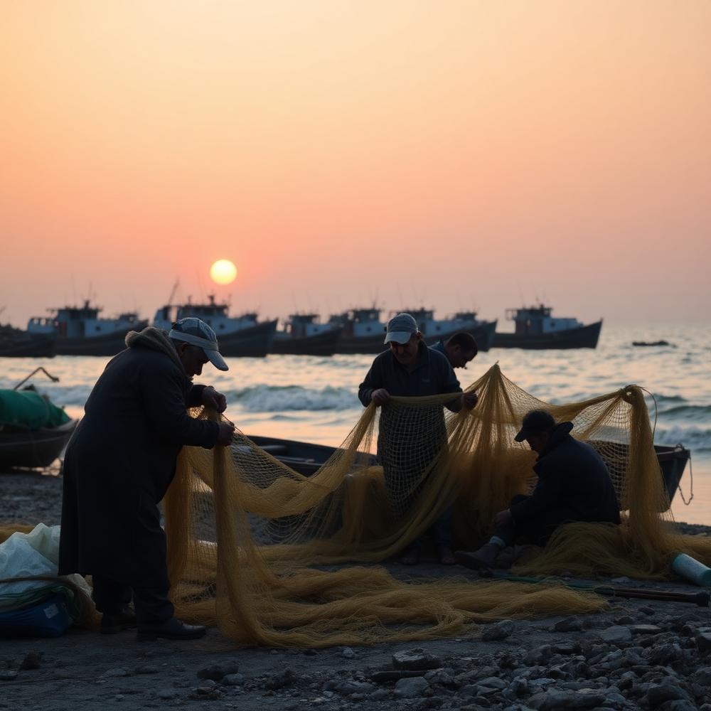 A coastal fishing community mending nets by the shore