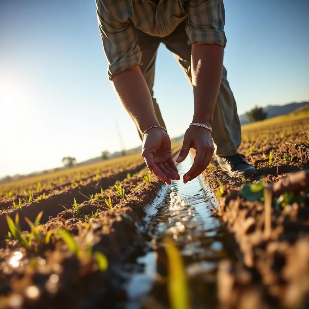 A farmer checking water flowing along an irrigation channel
